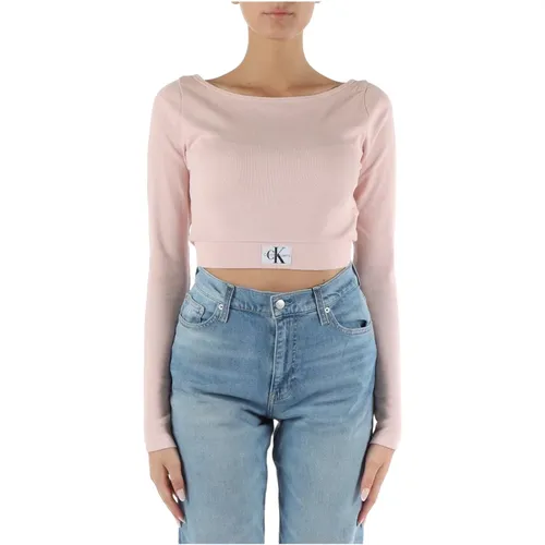 Stretch cotton ribbed top with logo , female, Sizes: M, S, L, XS - Calvin Klein Jeans - Modalova