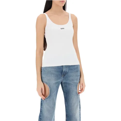 Off , Geripptes Baumwoll Tank Top mit Stickerei , Damen, Größe: XS - Off White - Modalova