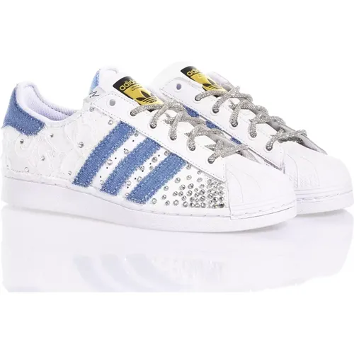 Customized Silver Light Blue Sneakers , female, Sizes: 7 UK - Adidas - Modalova