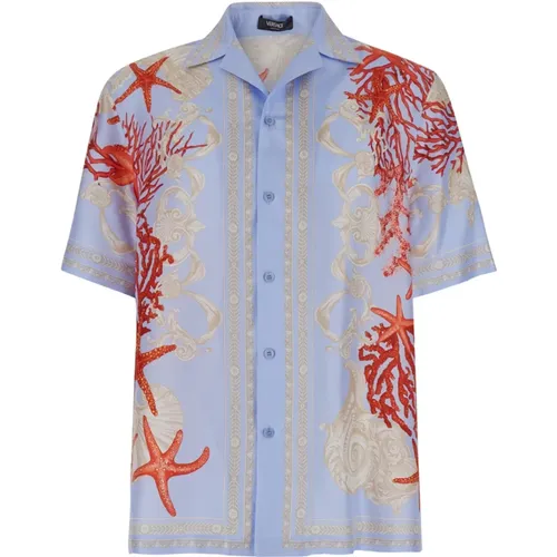 Bowling Shirt Cuban Collar Long Sleeve Baroque Print Silk , male, Sizes: M, S - Versace - Modalova
