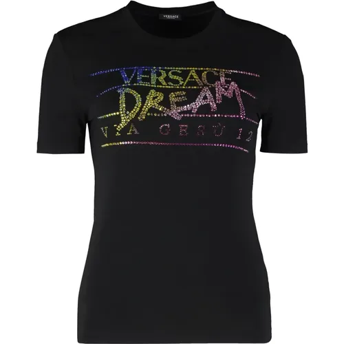 Rhinestone Logo T-Shirt , Damen, Größe: 2XS - Versace - Modalova