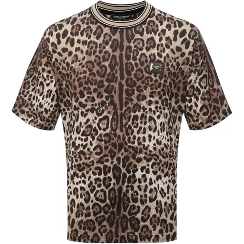 Braunes Baumwoll-T-Shirt mit Logo-Plakette - Dolce & Gabbana - Modalova