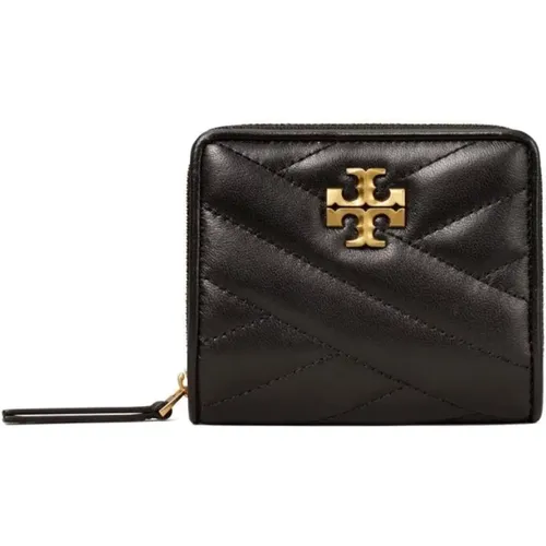 Gepolsterte schwarze Lederbrieftasche mit goldenem Logo , Damen, Größe: ONE Size - TORY BURCH - Modalova