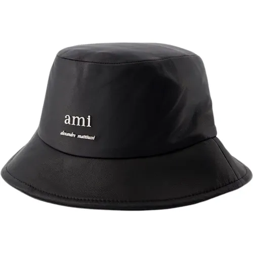 Schwarzer Leder-Bucket-Hut mit Messingdetails - Ami Paris - Modalova