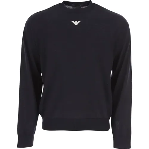 Dunkelblauer Wollpullover mit kontrastierendem Logo - Emporio Armani - Modalova