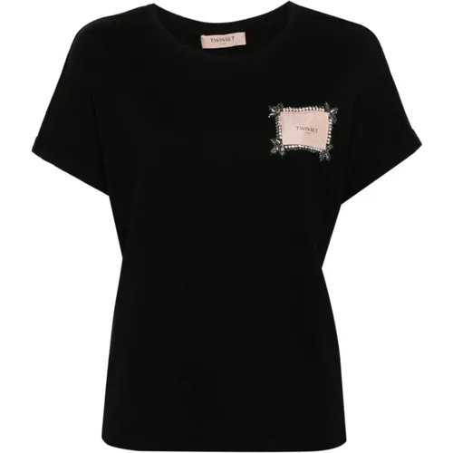 Schwarzes T-Shirt mit Logo-Patch und Strassverzierung , Damen, Größe: M - Twinset - Modalova
