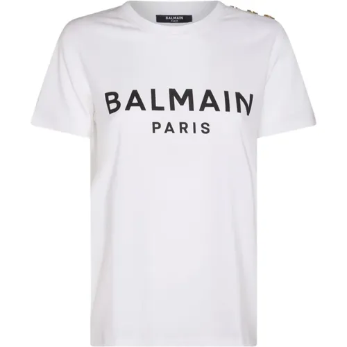 Knopfdetail Baumwoll T-shirt Weiß , Damen, Größe: M - Balmain - Modalova