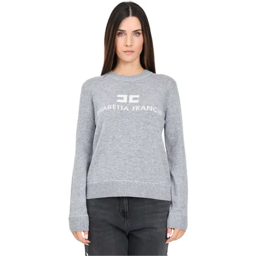 Grauer Rundhalsausschnitt Pullover Casual Herbst Winter , Damen, Größe: L - Elisabetta Franchi - Modalova