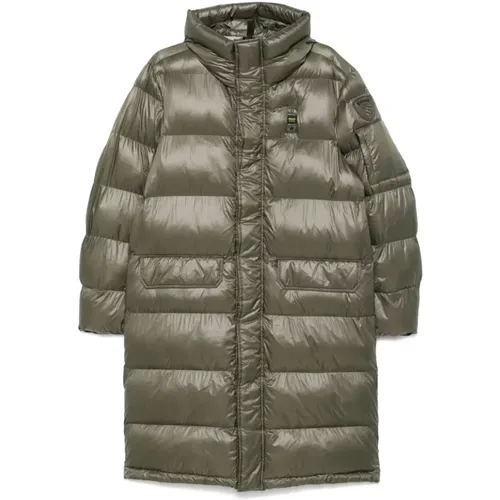 Kapuzen Puffer Lange Jacke Blauer - Blauer - Modalova