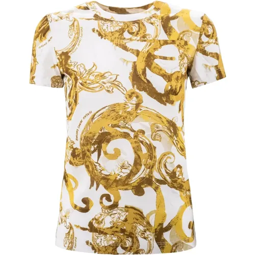 T-Shirt mit goldfarbenem Couture-Print , Damen, Größe: 2XS - Versace Jeans Couture - Modalova
