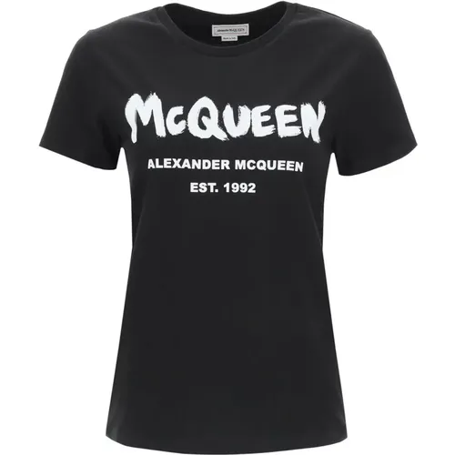 Schwarzes Logo Baumwoll T-Shirt , Damen, Größe: 2XS - alexander mcqueen - Modalova