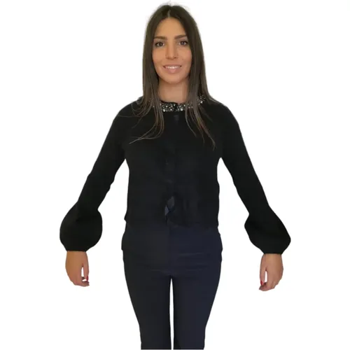 Schwarzer Pullover mit vorderem Knopf und Strasskragen - Liu Jo - Modalova