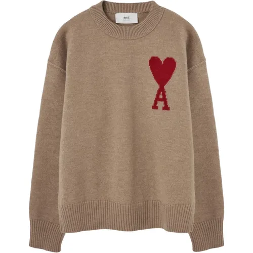 Beige Jersey Sweater with Red Logo , male, Sizes: M - Ami Paris - Modalova