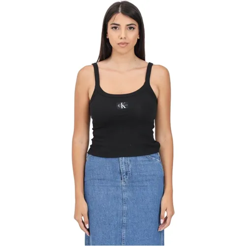 Schwarzes Geripptes Tanktop mit Logo-Patch - Calvin Klein Jeans - Modalova