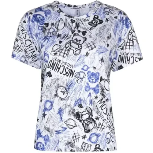 Weißes Skizzen-Print Baumwoll-T-Shirt , Damen, Größe: XL - Moschino - Modalova