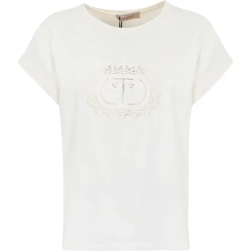 Cotton T-shirt with Lace Logo , female, Sizes: M, XS, S - Twinset - Modalova