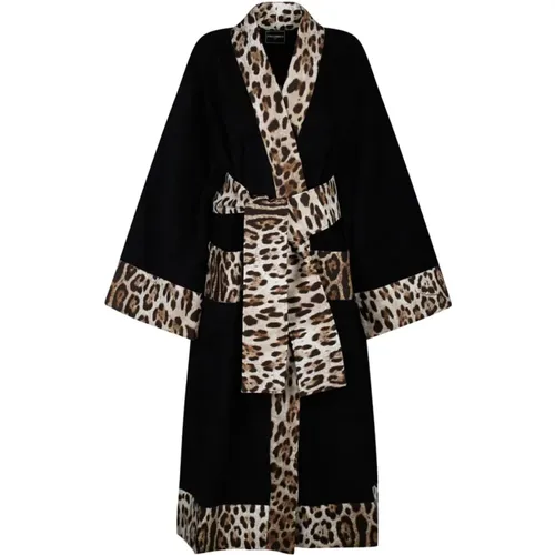 Leopard Print Trim Bathrobe , female, Sizes: L - Dolce & Gabbana - Modalova