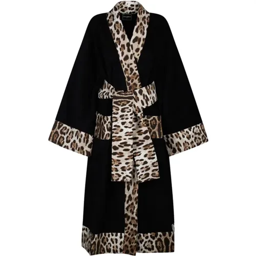 Leopard Print Trim Bathrobe , female, Sizes: S, L - Dolce & Gabbana - Modalova