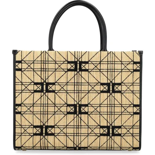 Natürliche Jacquard Shopper Tasche mit schwarzem Logo-Print , Damen, Größe: ONE Size - Elisabetta Franchi - Modalova