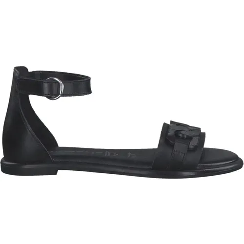 Schwarze flache Ledersandalen , Damen, Größe: 38 EU - tamaris - Modalova