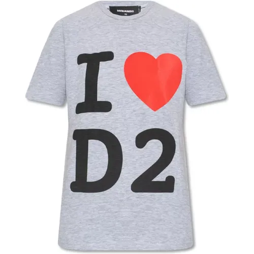 Bedrucktes T-Shirt, Graues Shirt mit Herz Motiv , Damen, Größe: L - Dsquared2 - Modalova
