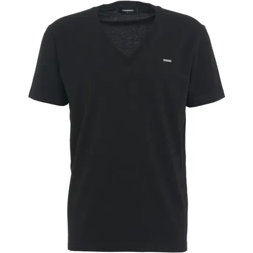 Ribbed V-neck T-shirt with Logo Details , male, Sizes: L, XL, M - Dsquared2 - Modalova
