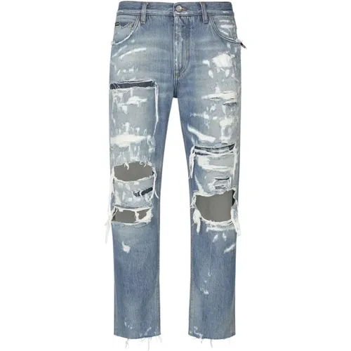 Ripped-Detail Straight-Leg Jeans , male, Sizes: M - Dolce & Gabbana - Modalova