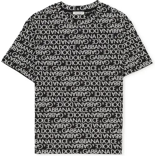 Schwarzes Logo Baumwoll-T-Shirt für Jungen - Dolce & Gabbana - Modalova