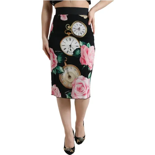 Rose and Clock Print Silk Skirt , female, Sizes: 3XS, 2XS - Dolce & Gabbana - Modalova
