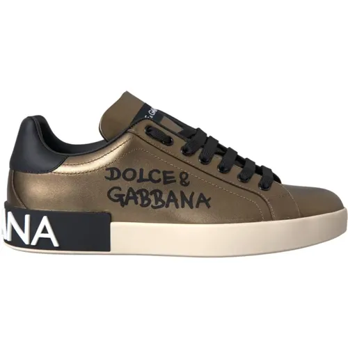 Gold Schwarz Portofino Kalbsleder Sneakers Schuhe - Dolce & Gabbana - Modalova