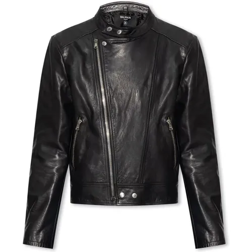 Leather jacket with stand collar , male, Sizes: XL, L - Balmain - Modalova