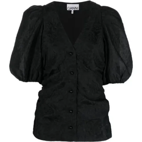 Blumiger Jacquard Puff Sleeve Bluse , Damen, Größe: XS - Ganni - Modalova