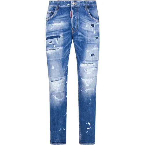 Blaue Stretch-Jeans mit Distressed-Details , Herren, Größe: L - Dsquared2 - Modalova