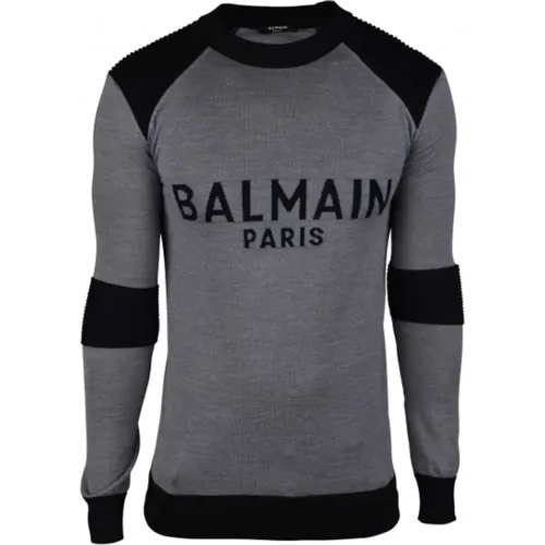 Grauer Wollpullover mit schwarzem Logo - Balmain - Modalova