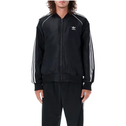 Schwarze Bomberjacke mit Iconic Streifen , Herren, Größe: L - Adidas - Modalova