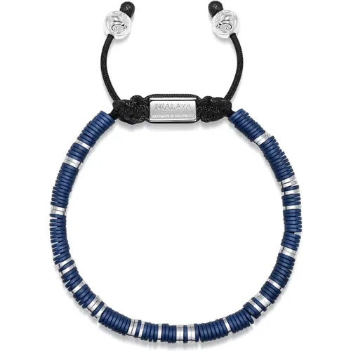 Men`s Beaded Bracelet with Dark Blue and Silver Disc Beads - Nialaya - Modalova