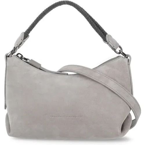 Grey Pebbled Leather Handbag with Diamond Cut Brass Detailing , female, Sizes: ONE SIZE - BRUNELLO CUCINELLI - Modalova