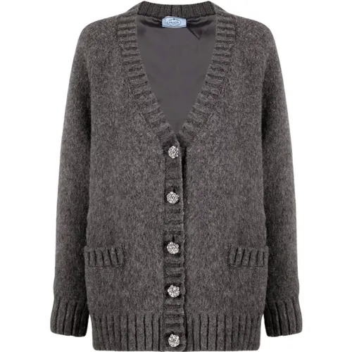 Grey Wool Oversized Cardigan with Jewel Buttons , female, Sizes: 2XS - Prada - Modalova