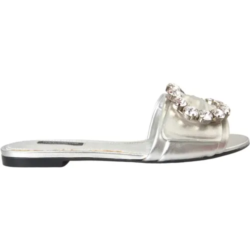 Silver Crystal Leather Flat Sandals , female, Sizes: 4 UK - Dolce & Gabbana - Modalova