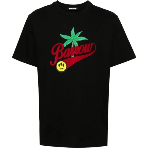 Schwarzes Baumwoll-T-Shirt mit Logo und Palm Tree Print , Herren, Größe: L - Barrow - Modalova