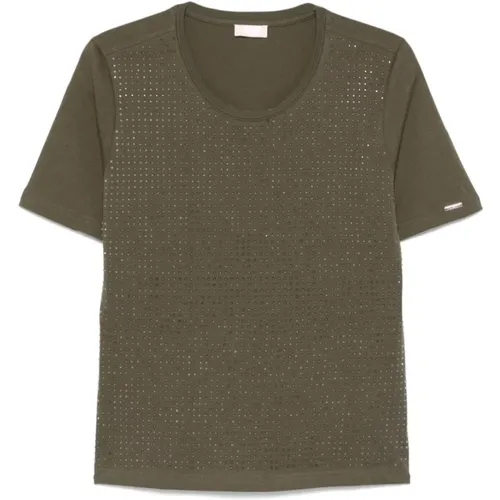 Grünes Strass-verziertes Crew Neck T-Shirt , Damen, Größe: M - Liu Jo - Modalova