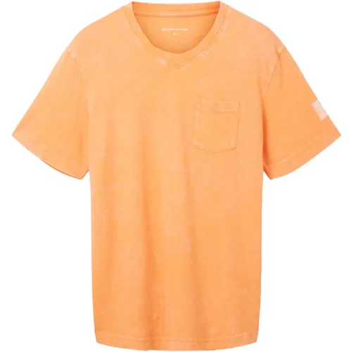 T-Shirt Kurzarmshirt mit V-Ausschnitt, ausgewaschener Optik und Brusttasche , Herren, Größe: XL - Tom Tailor - Modalova