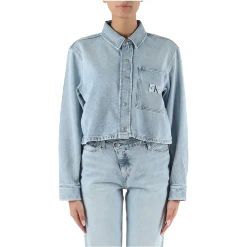 Denim-Hemdjacke mit Logo-Patch , Damen, Größe: L - Calvin Klein Jeans - Modalova
