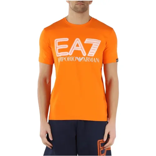 Stretch Baumwoll T-Shirt mit geprägtem Logo-Print - Emporio Armani EA7 - Modalova
