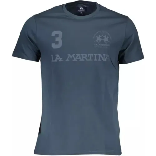 Blaues Baumwoll-T-Shirt, Kurzarm, Rundhals, Druck, Logo , Herren, Größe: M - LA MARTINA - Modalova