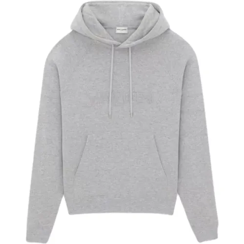 Grey Cotton Hoodie with Signature Embroidery , male, Sizes: S - Saint Laurent - Modalova