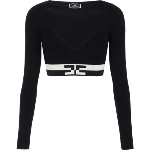 Cropped V-Neck Sweater mit Logo-Bändern,Schwarzes V-Ausschnitt Cropped Top mit Langen Ärmeln - Elisabetta Franchi - Modalova