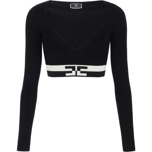 Cropped V-Neck Sweater mit Logo-Bändern , Damen, Größe: S - Elisabetta Franchi - Modalova