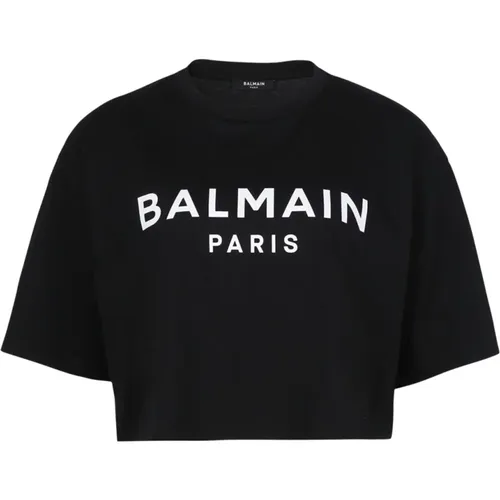 Kurzes T-hirt aus Öko-Baumwolle mit aufgedrucktem -Logo,Schwarzes Logo T-Shirt Crop - Balmain - Modalova