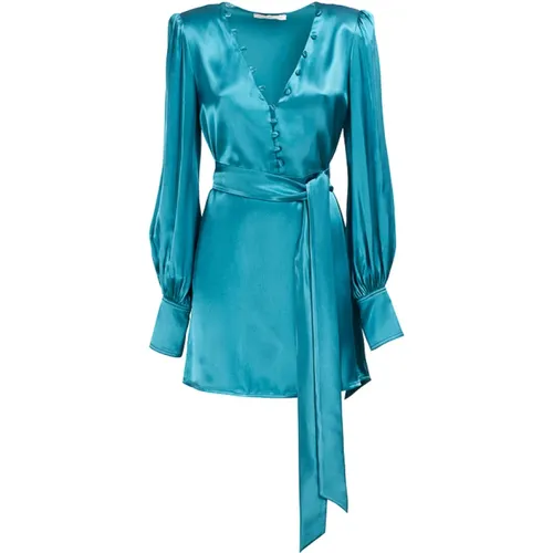 Blaues Satin Kurzarmkleid mit Gürtel , Damen, Größe: M - Mar De Margaritas - Modalova